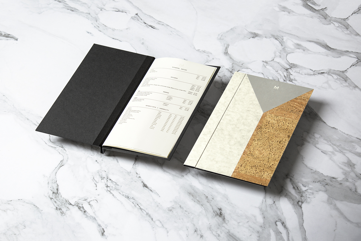 Brand identity and inlaid menu covers designed by Bibliothèque for Monica Galetti's new London restaurant Mere