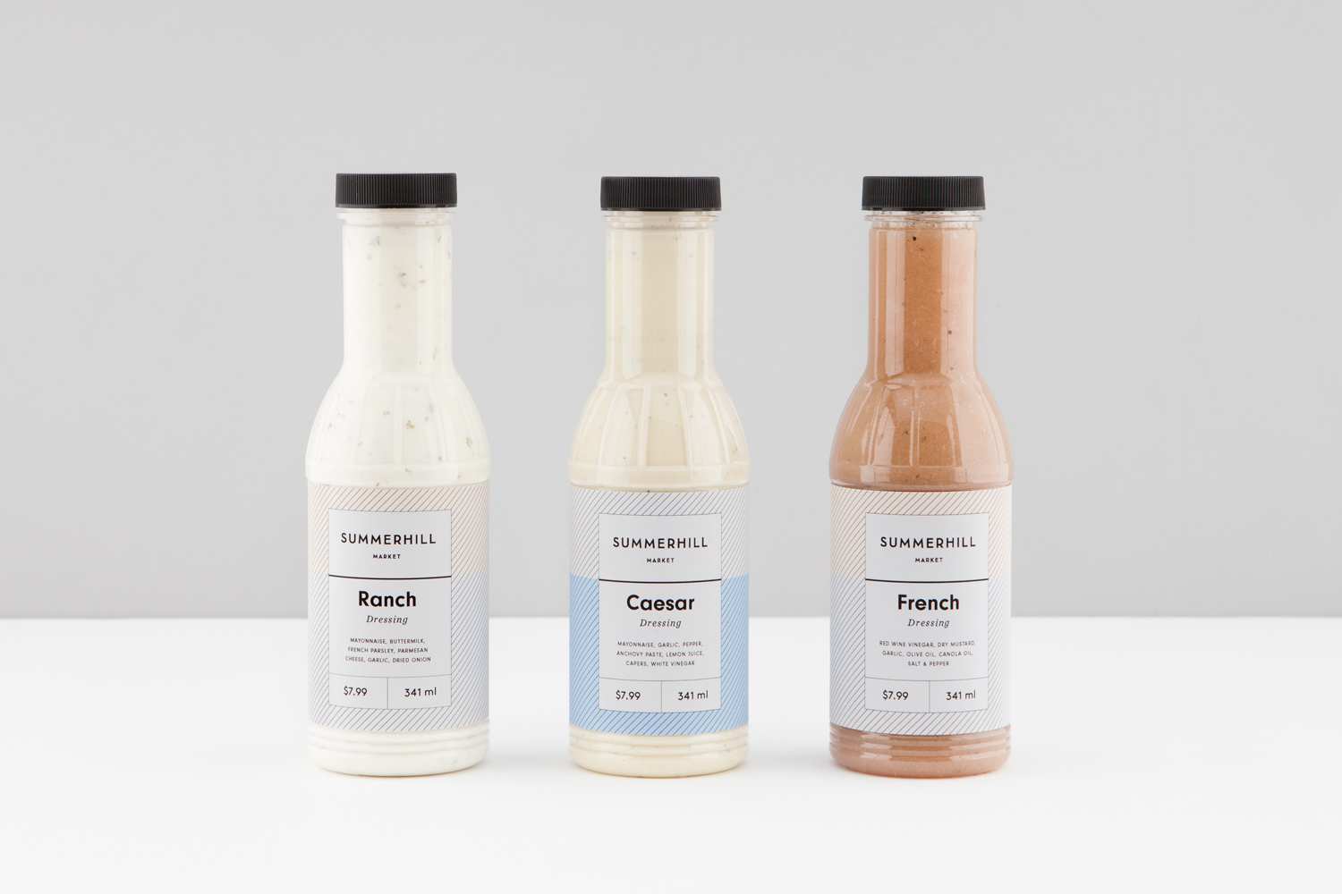 Branding and salad dressing packaging designed by Canadian studio Blok for Toronto based boutique grocery store Summerhill Market