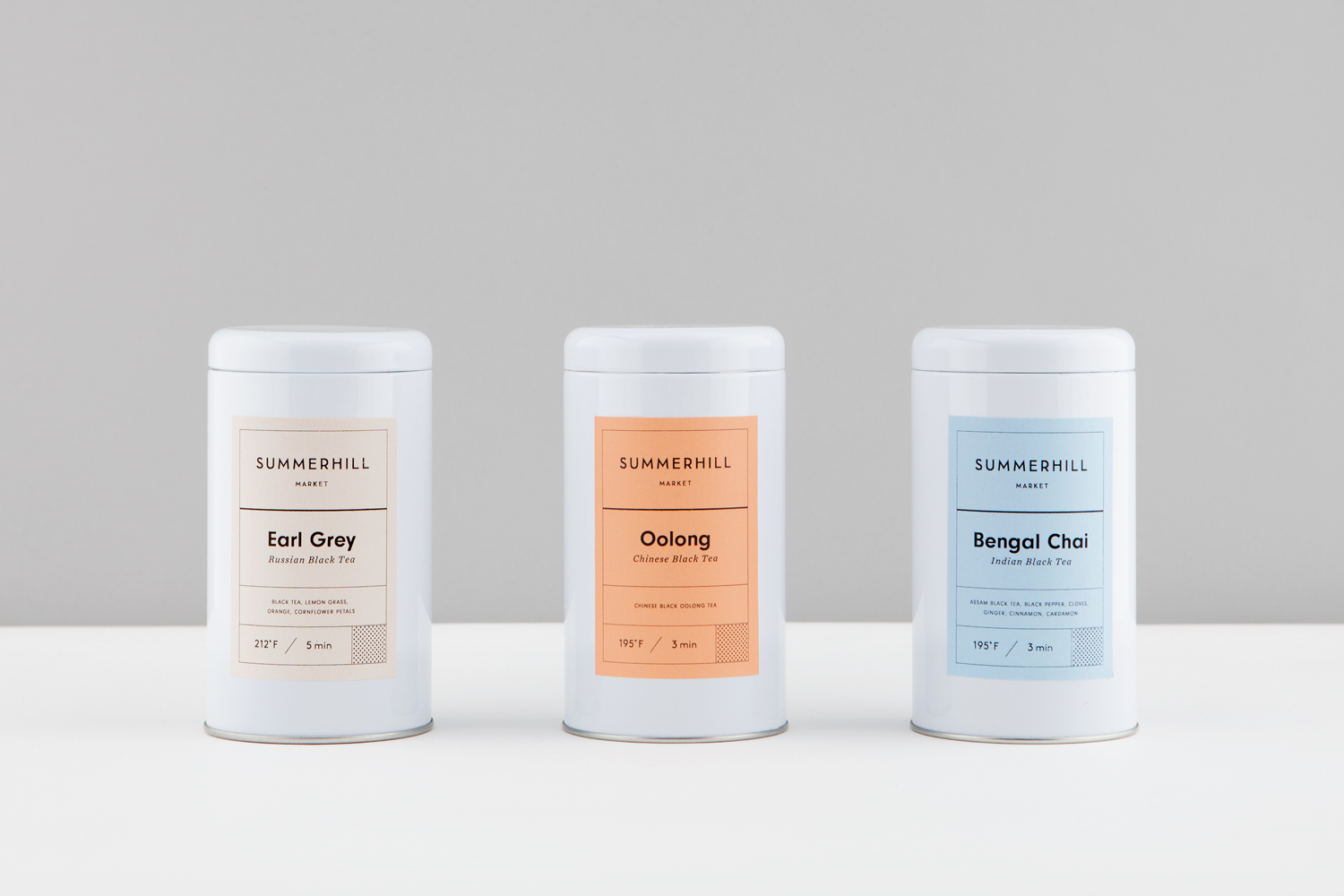 Branding and tea packaging designed by Canadian studio Blok for Toronto based boutique grocery store Summerhill Market
