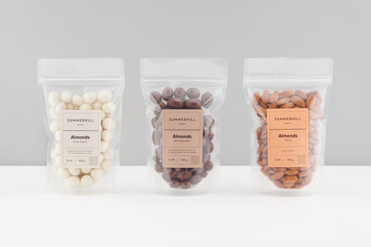 Branding and almond packaging designed by Canadian studio Blok for Toronto based boutique grocery store Summerhill Market