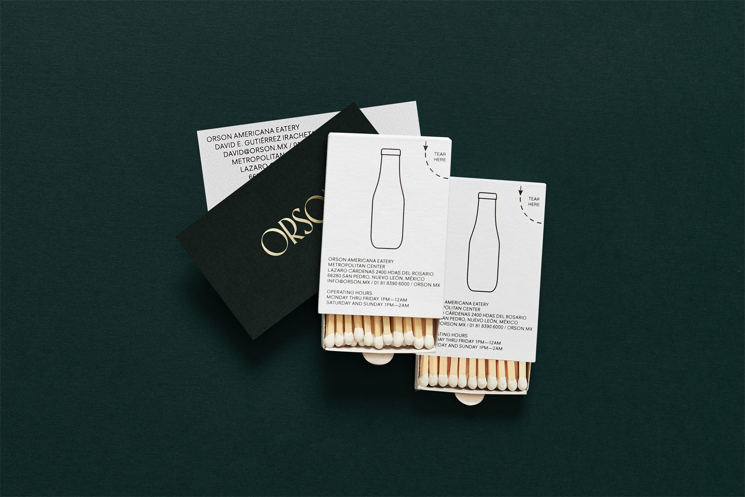 Business cards and match boxes designed by Anagrama for San Pedro based burger bar Orson