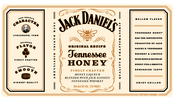 Bottle label designed by Cue Inc for Jack Daniel's whiskey and honey based spirit Tennessee Honey