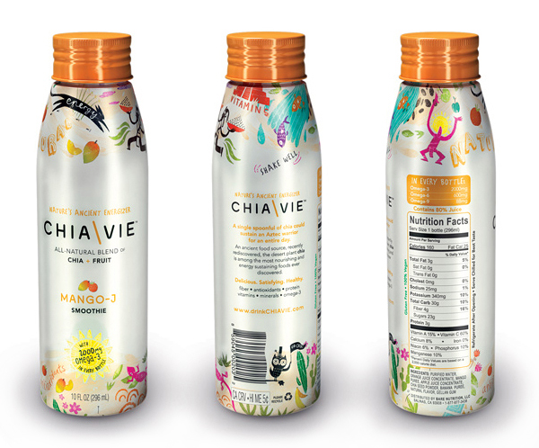 Packaging designed by Miller Creative for fruit and chia seed smoothie brand ChiaVie