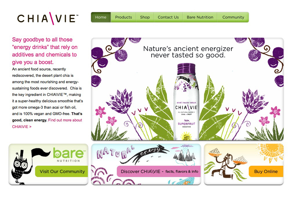 Website designed by Miller Creative for fruit and chia seed smoothie brand ChiaVie