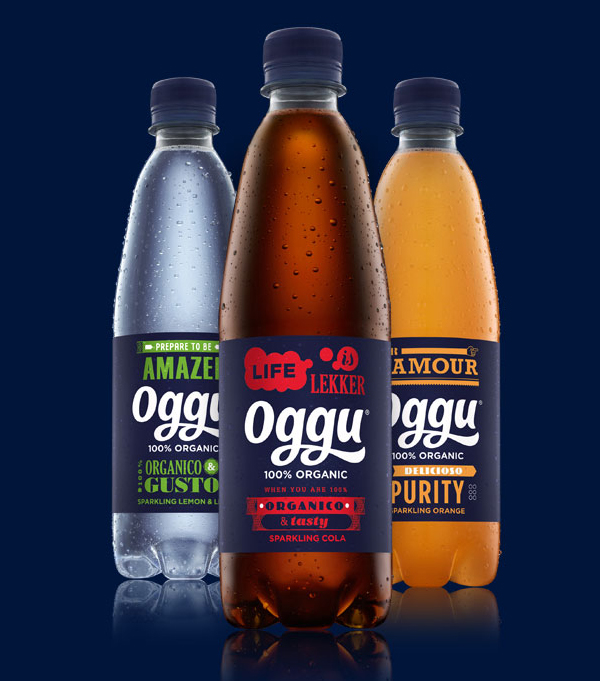 Packaging, logo and brand identity designed by Design Bridge for organic soft drink Oggu