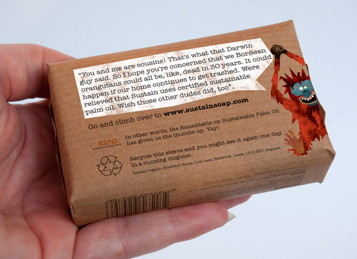 Packaging designed by Simon Inman featuring copy from Chris Miller for sustainable palm oil soap brand Sustain