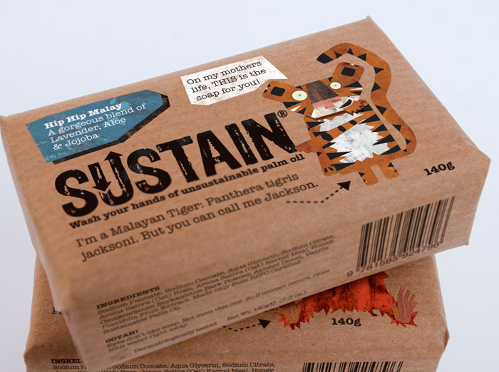 Packaging designed by Simon Inman featuring copy from Chris Miller for sustainable palm oil soap brand Sustain