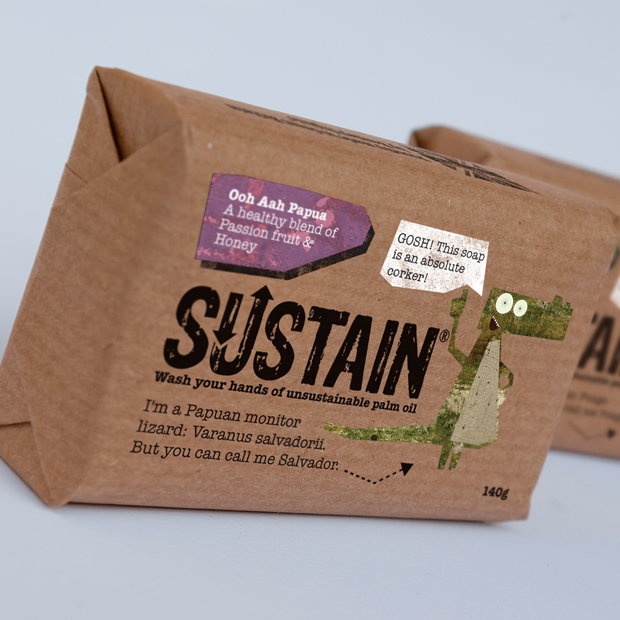 Packaging designed by Simon Inman featuring copy from Chris Miller for sustainable palm oil soap brand Sustain