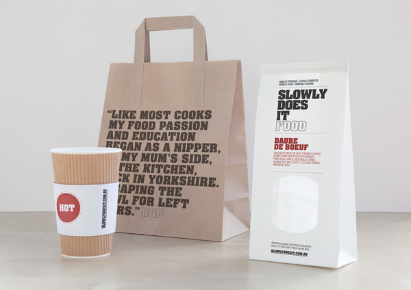 Packaging designed by Berg for home-style food delivery service Slowly Does It Food