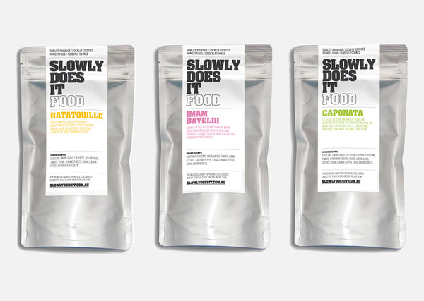 Packaging designed by Berg for home-style food delivery service Slowly Does It Food
