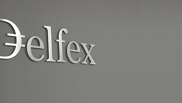 Logo as signage designed by Jan Zabransky for currency trading and consulting business Delfex