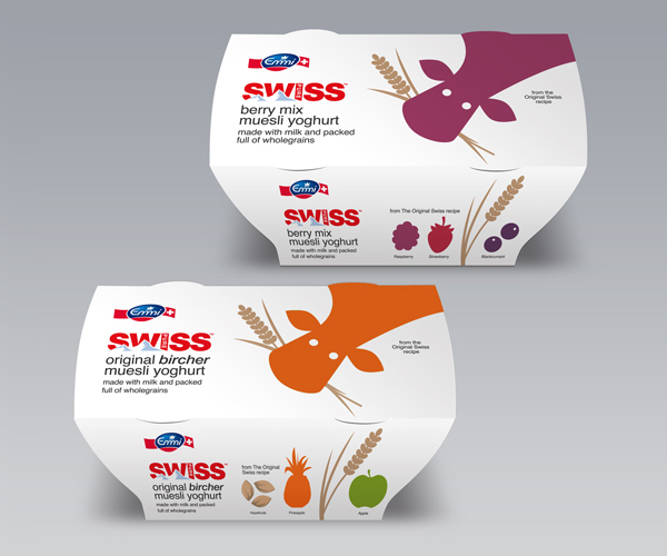 Packaging designed by Studio h for yoghurt range Swiss Plus from Emmi