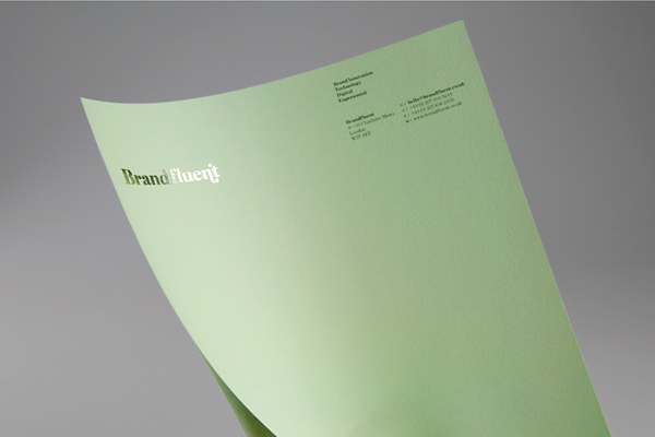 Logo and stationery with block foil print finish designed by Six for brand innovation and technology consultancy Brandfluent