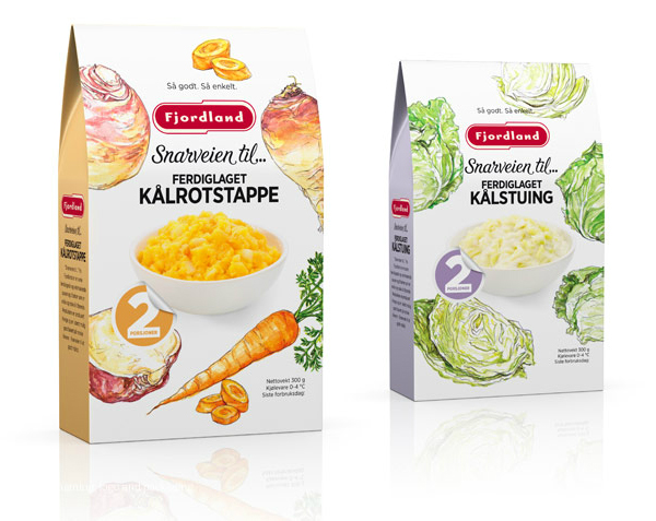 Packaging with hand drawn illustrative detail designed by Strømme Throndsen Design for Fjordland's ready meal and desert range Snarveien till