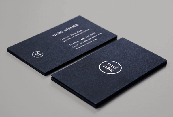 Logo and business card with black board and silver foil detail designed by Glasfurd & Walker for bespoke jewellery design and production studio Hume Atelier