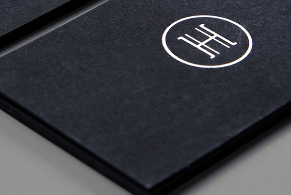 Logo and business card with black board and silver foil detail designed by Glasfurd & Walker for bespoke jewellery design and production studio Hume Atelier