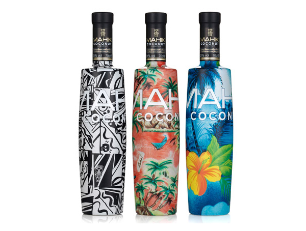 Packaging design with illustrative detail created by Design Bridge for night club Mahiki's premium coconut liqueur
