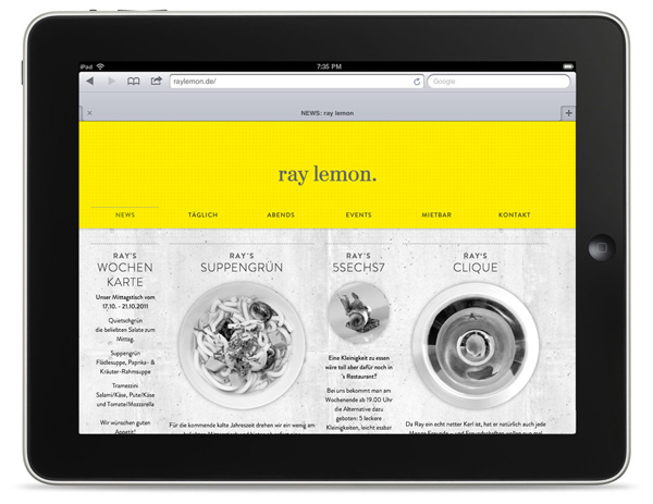 Website work by Leib Und Seele for Heilbronn based bar Ray Lemon's monthly event Menu in Yellow