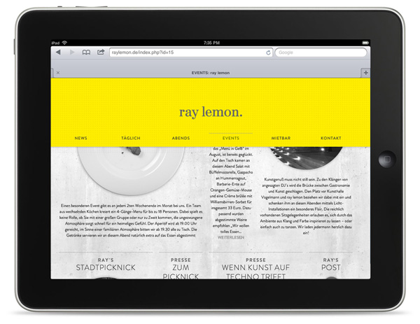 Website work by Leib Und Seele for Heilbronn based bar Ray Lemon's monthly event Menu in Yellow