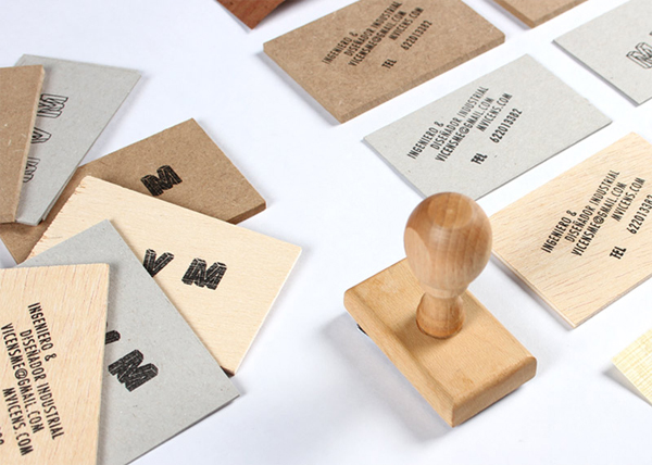 Logo and hand stamped wood and board business cards created by Josep Barri engineer and industrial designer Marc Vicens Mesquida