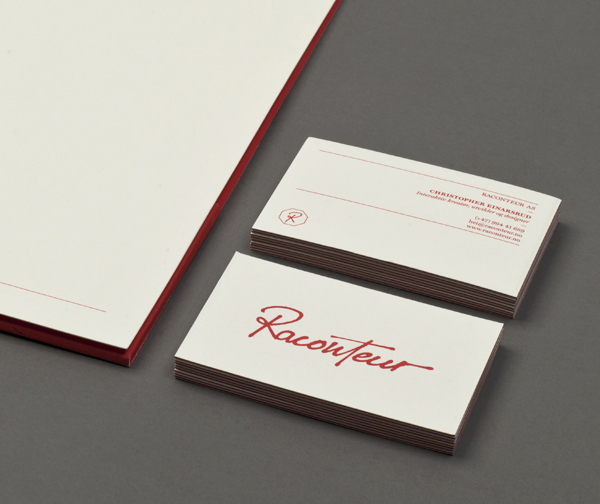 Script logotype and edge painted stationery created by Christian Bielke for web production and advertising company Raconteur