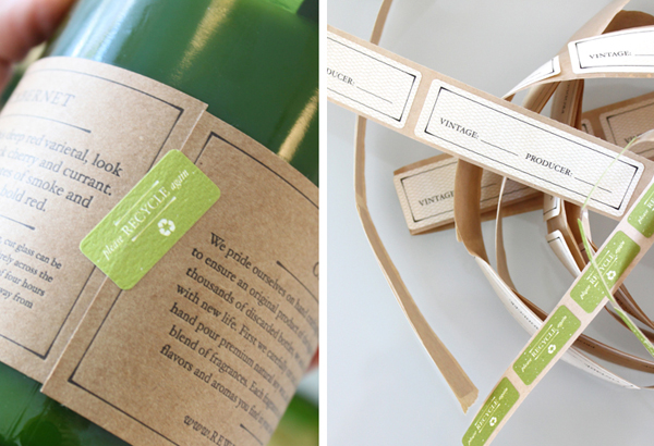 Packaging with sticker and unbleached paper details created by Stitch for soy wax candle brand Rewined