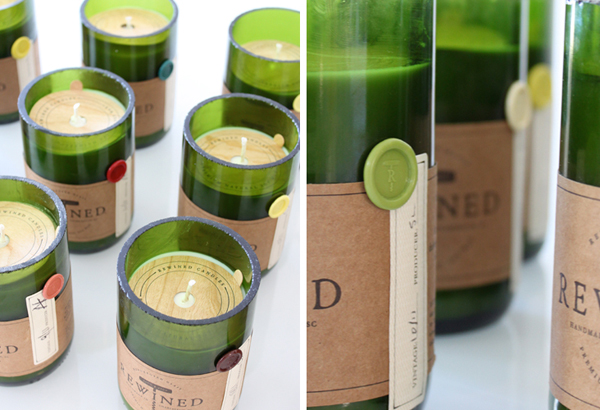 Packaging with wax seal, wood, sticker and unbleached paper details created by Stitch for soy wax candle brand Rewined