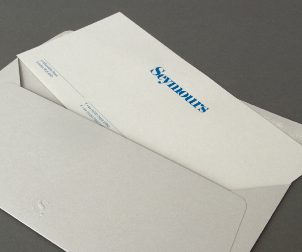 Logo and compliment slip with emboss detail designed by Spin for international art acquisition advisory service Seymours.