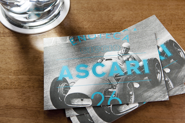 Logo and print with vintage racing photography detail designed by Blok for Toronto based Italian restaurant Ascari Enoteca