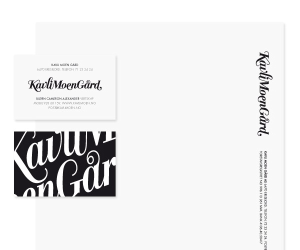 Logotype and stationery created by Strømme Throndsen Design for Norwegian guest house, farm and restaurant Kavli Moen Gård