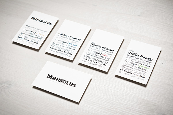 Logotype and business cards created by Moodley for Austrian vegetarian and wholefood restaurant Mangolds