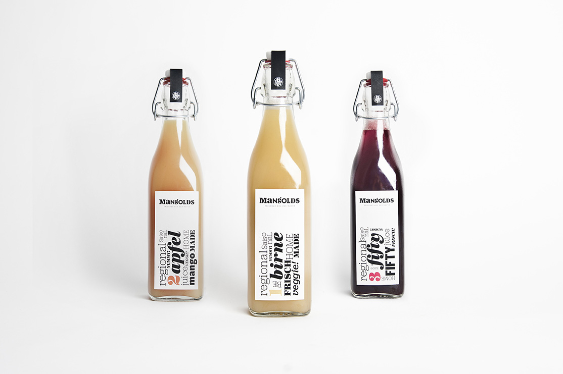 Juice packaging designed by Moodley for Austrian vegetarian and wholefood restaurant Mangolds