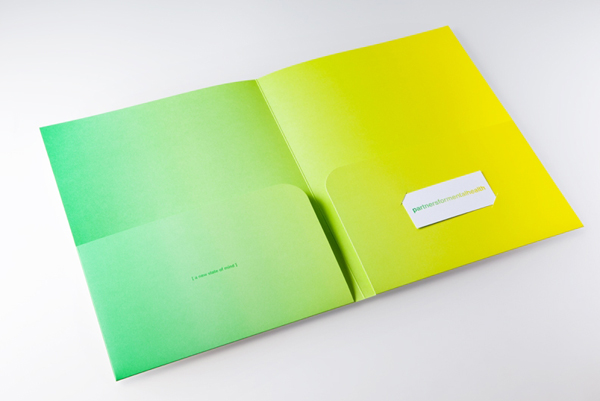 Logo and folder with fluorescent yellow and green print treatment created by Blok for Canadian charity Partners For Mental Health