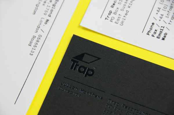 Logo and business card with black block foil print finish designed by Red for UK independent recording studio Trap