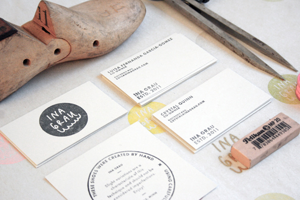 Hand stamped business cards designed by Anthony Lane for sophisticated handcrafted shoe brand Ina Grau