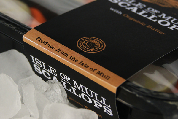 Packaging design with illustrative and typographic detail created by My Creative for Isle of Mull Scallops