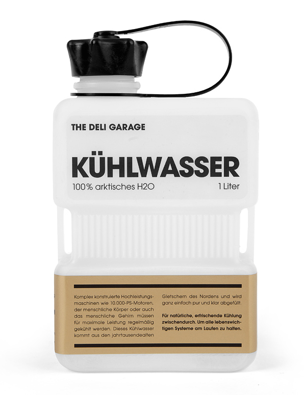 Packaging with screen print and gold label detail designed by Rocket & Wink for The Deli Garage's premium glacial water product Kühlwasser