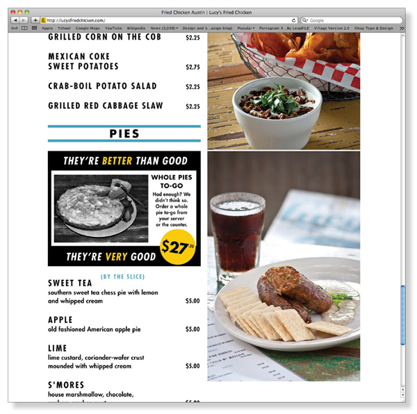 Website designed by Pentagram for Austin based fried chicken and oyster bar/restaurant Lucy's