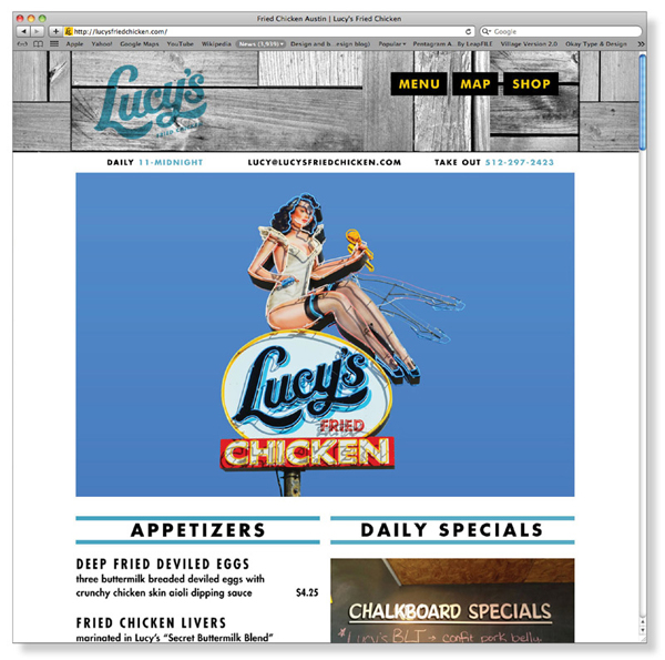 Website designed by Pentagram for Austin based fried chicken and oyster bar/restaurant Lucy's