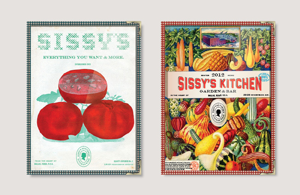 Menu covers with vintage illustrative detail for Texas based restaurant Sissy's Southern Kitchen