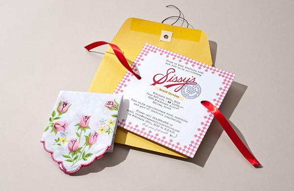 Logotype and invitation with pattern, stamp and ribbon detail designed by Tractorbeam for Sissy's Southern Kitchen