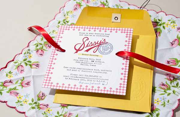 Logotype and invitation with pattern, stamp and ribbon detail designed by Tractorbeam for Sissy's Southern Kitchen
