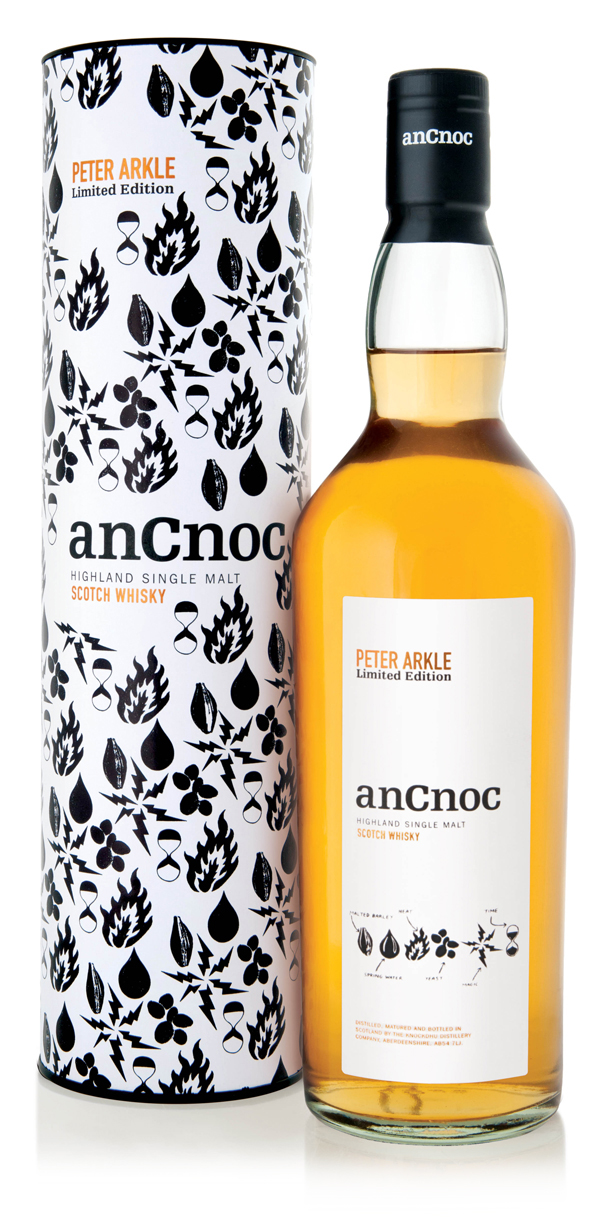 Packaging with monochromatic illustration and copper foil detail designed by New York based artist Peter Arkle for single malt Scotch whisky anCnoc