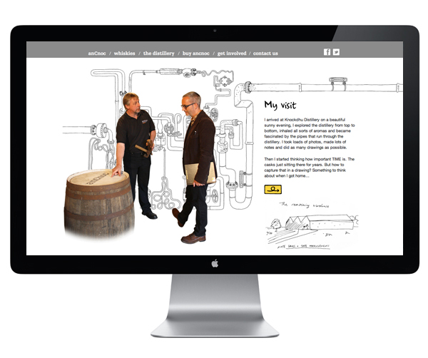 Website with illustrative detail created by New York based artist Peter Arkle for single malt Scotch whisky anCnoc