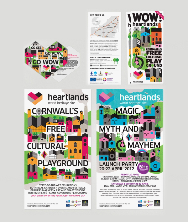 Logo and illustrated print work for West Cornwall redevelopment and culture centre Heartlands designed by A-Side