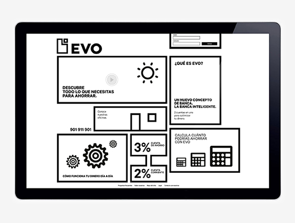 Logo and geometric, monochromatic website for Spanish Bank Evo designed by Saffron