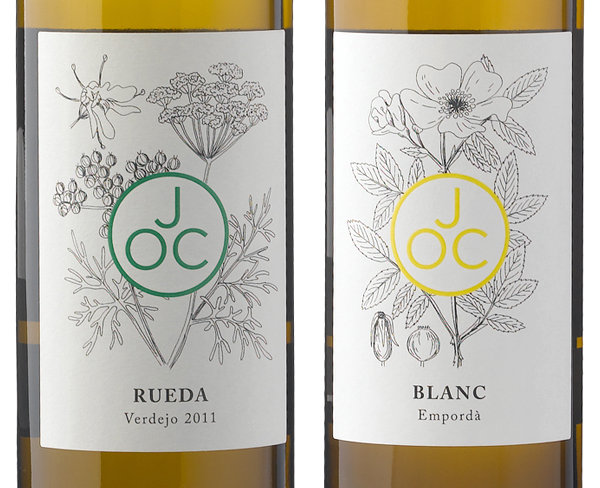 Monogram and hand illustrated wine label designed by Francesc Moret for wine range Jordi Oliver Conti