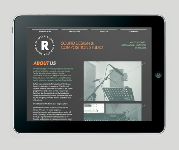 Logo and website designed by Bradley Rogerson and Supply for recording and engineering studio Radiate Sound