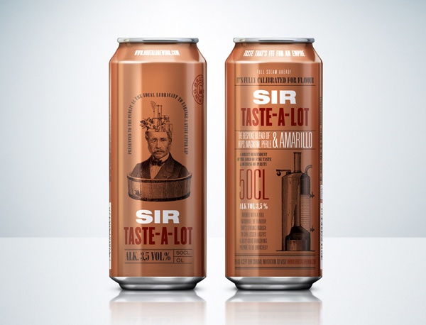 Packaging with illustrative detail and copper still print finish designed by Neumeister for low alcohol beer brand Sir Taste-A-Lot