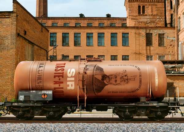 Rolling stock with illustrative detail and copper still print finish designed by Neumeister for low alcohol beer brand Sir Taste-A-Lot